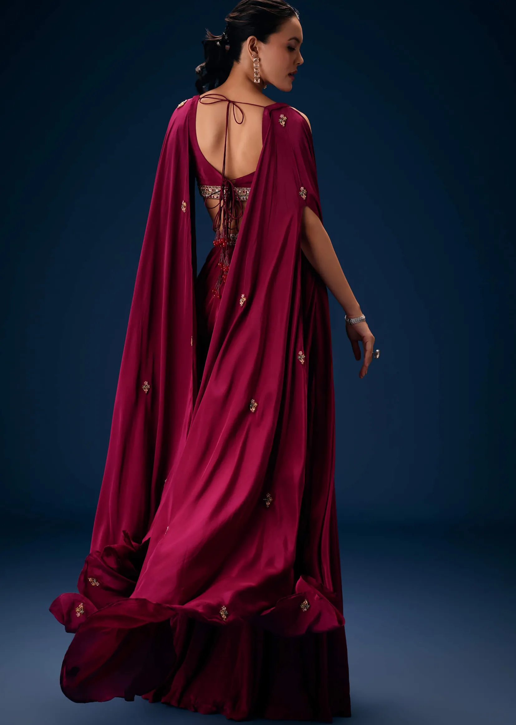 Magenta Fish Cut Draped Skirt With Hand Embroidered Blouse And Choker Dupatta