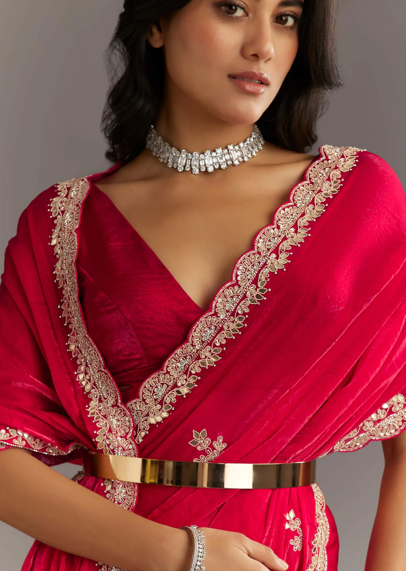 Magenta Gota Patti Embroidered Saree With Stones And Cutdana Work