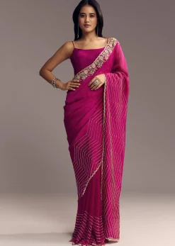 Magenta Organza Saree With Cut Dana And Sequin Embroidery