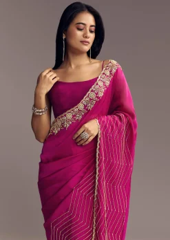 Magenta Organza Saree With Cut Dana And Sequin Embroidery