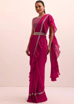 Magenta Pink Pre Drape Frill Saree With Belt And A Stitched Blouse