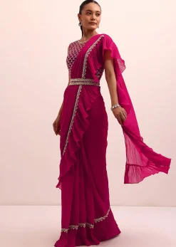 Magenta Pink Pre Drape Frill Saree With Belt And A Stitched Blouse