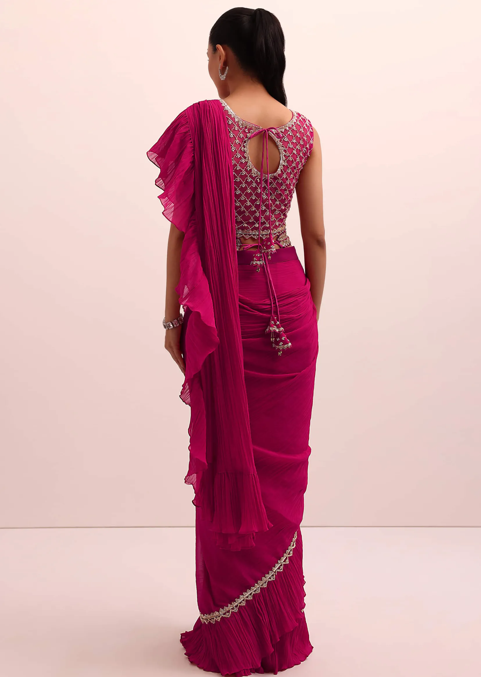 Magenta Pink Pre Drape Frill Saree With Belt And A Stitched Blouse