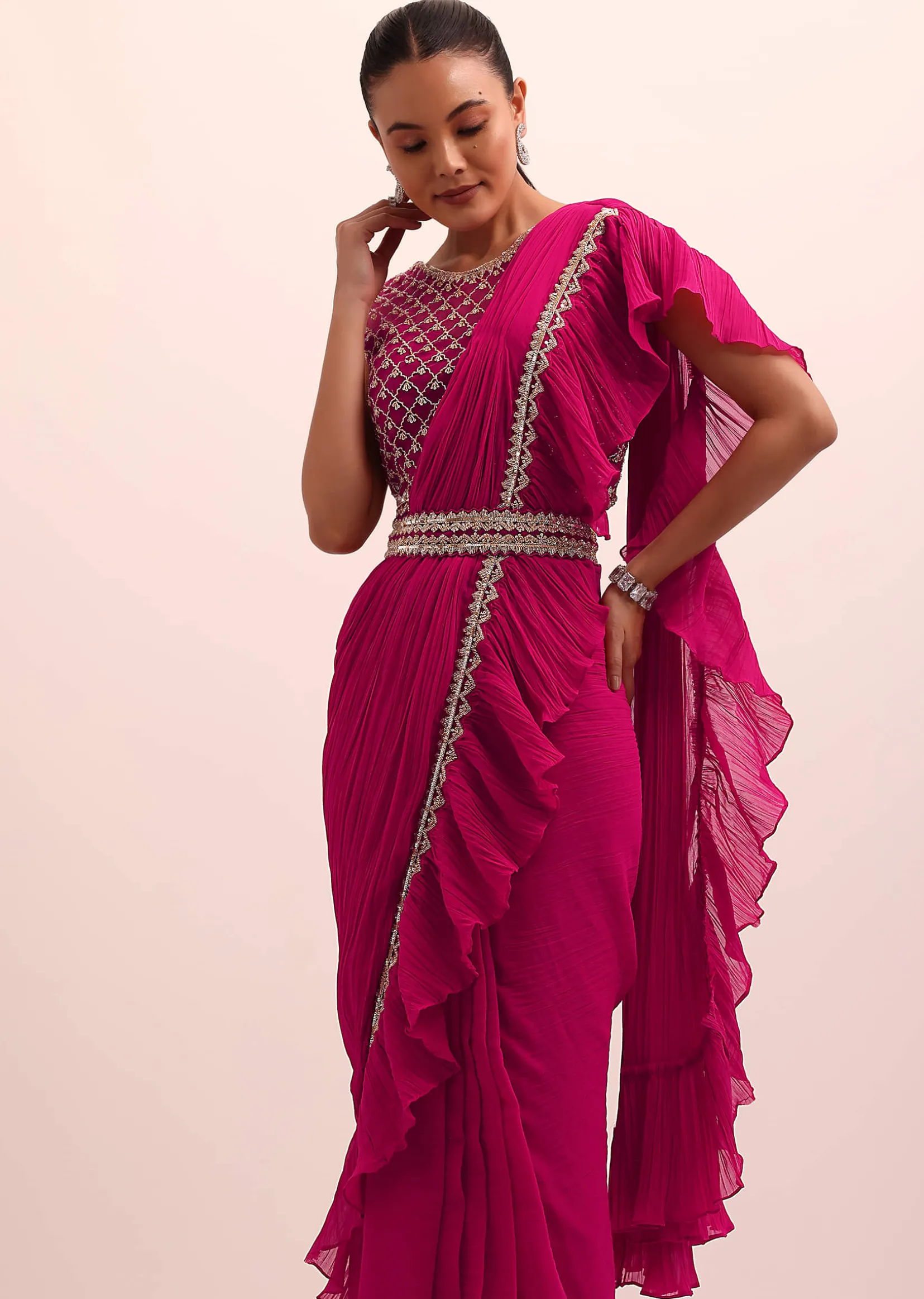 Magenta Pink Pre Drape Frill Saree With Belt And A Stitched Blouse