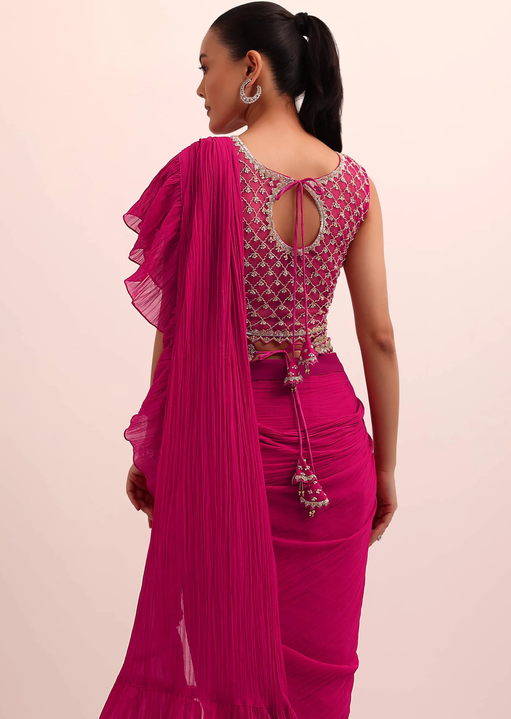Magenta Pink Pre Drape Frill Saree With Belt And A Stitched Blouse