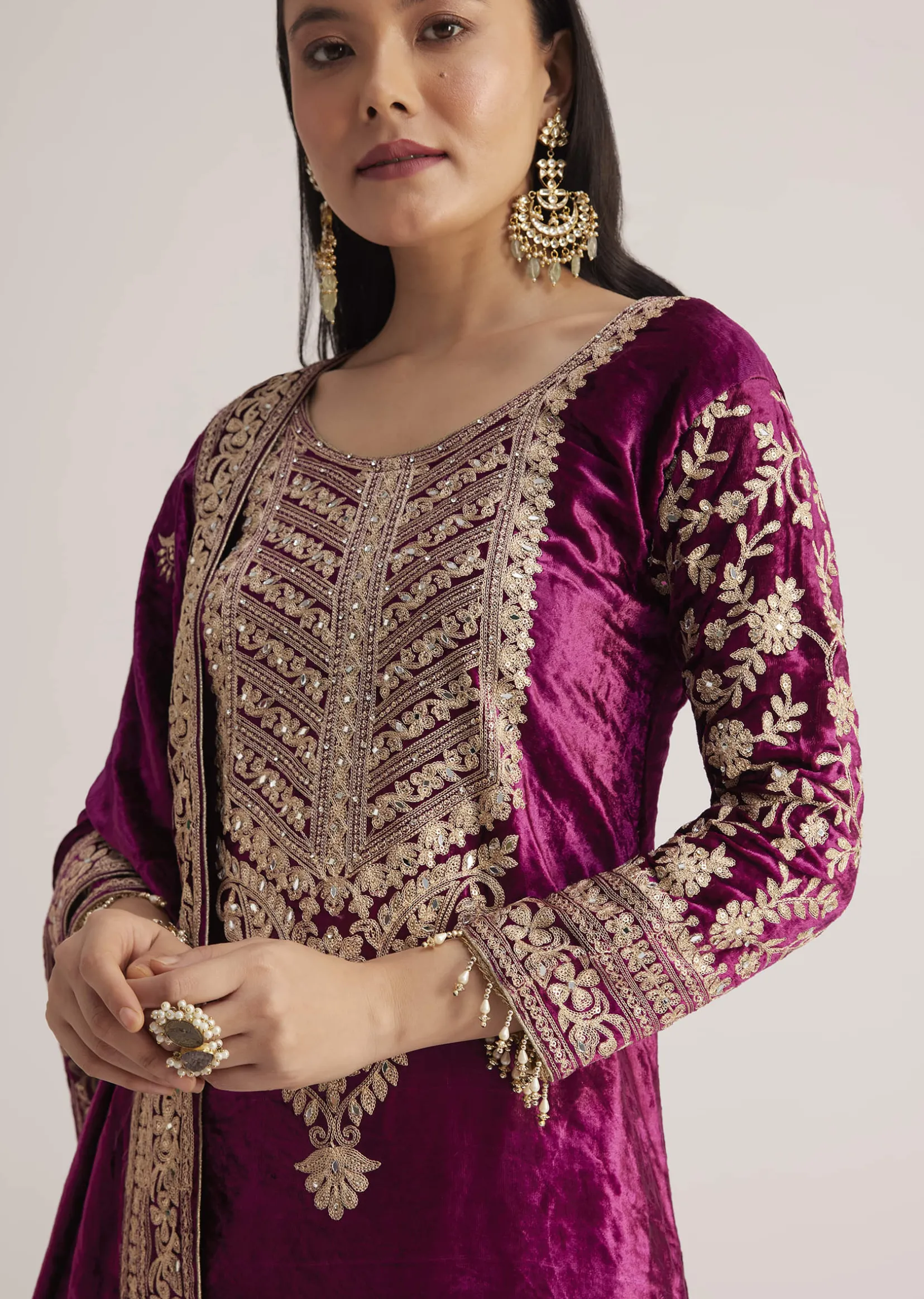 Magenta Pink Velvet Embroidered Palazzo Suit
