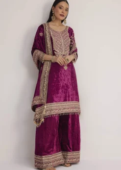 Magenta Pink Velvet Embroidered Palazzo Suit