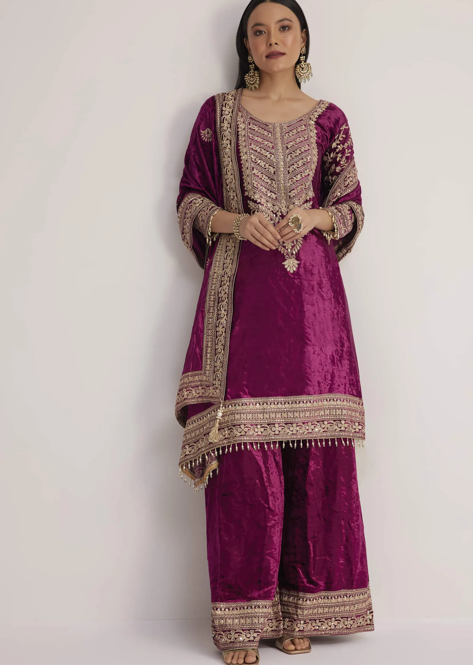 Magenta Pink Velvet Embroidered Palazzo Suit
