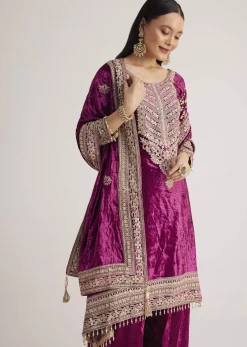 Magenta Pink Velvet Embroidered Palazzo Suit