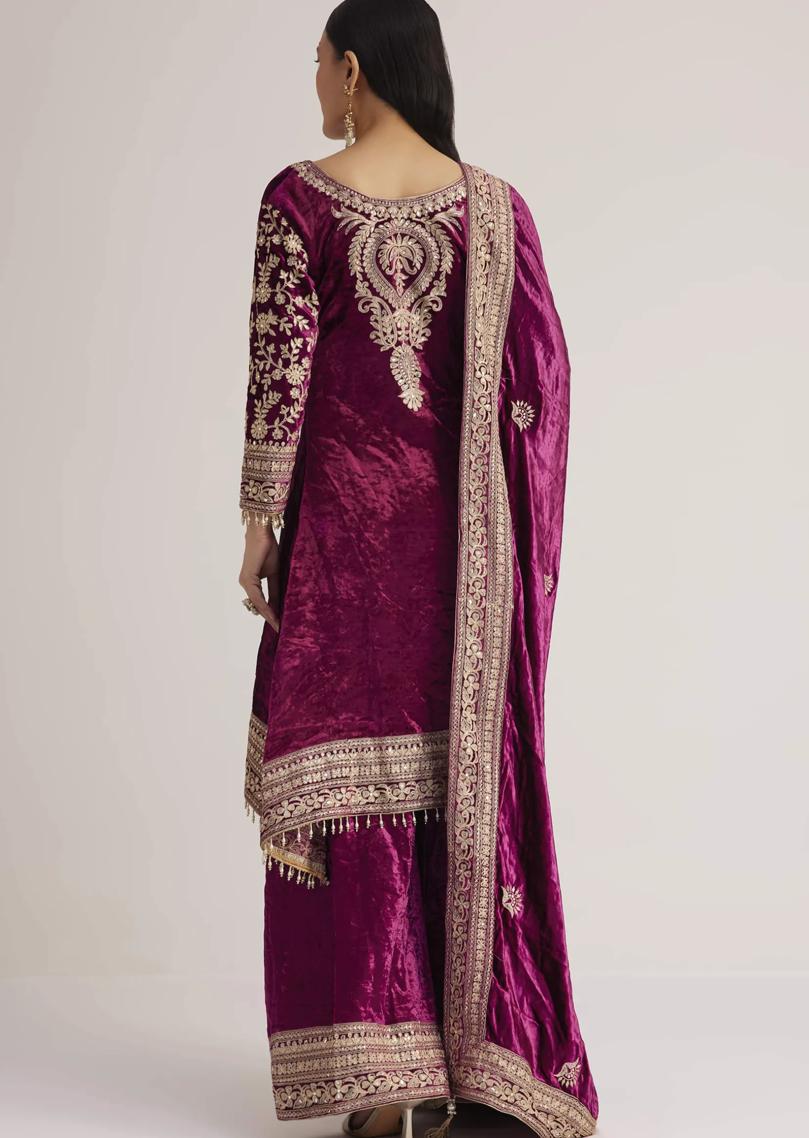 Magenta Pink Velvet Embroidered Palazzo Suit