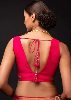 Magenta Sleeveless Blouse In Raw Silk With A Plunging Trapeze Neckline