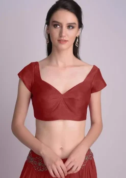 Maroon Blouse In Raw Silk With Sweet Heart Neckline