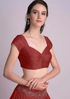 Maroon Blouse In Raw Silk With Sweet Heart Neckline