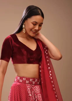 Maroon Blouse In Velvet With Leaf Cut Neckline And Half Sleeves