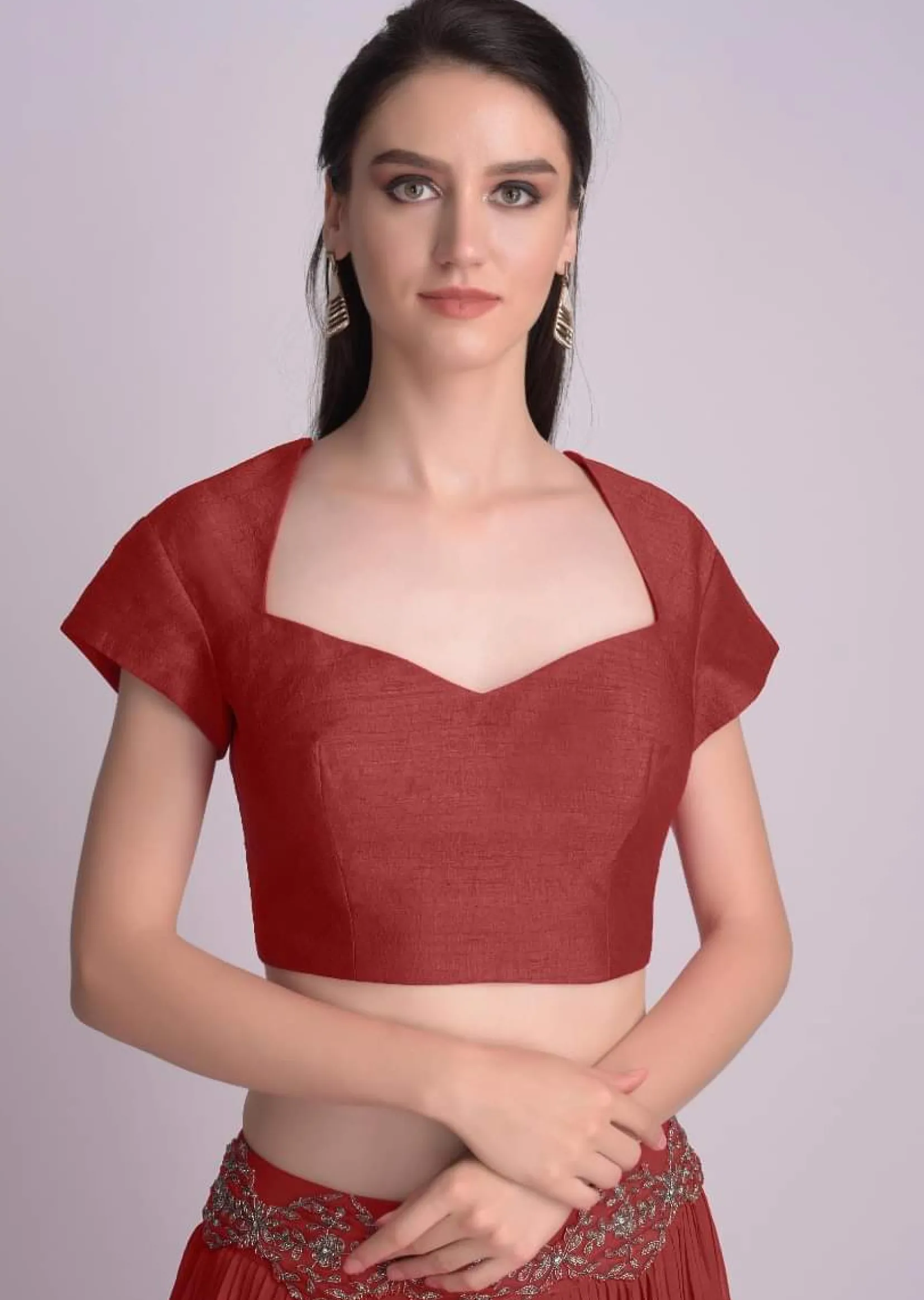 Maroon Blouse With Deep Sweet Heart Neck And Cap Sleeves