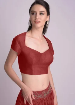Maroon Blouse With Deep Sweet Heart Neck And Cap Sleeves