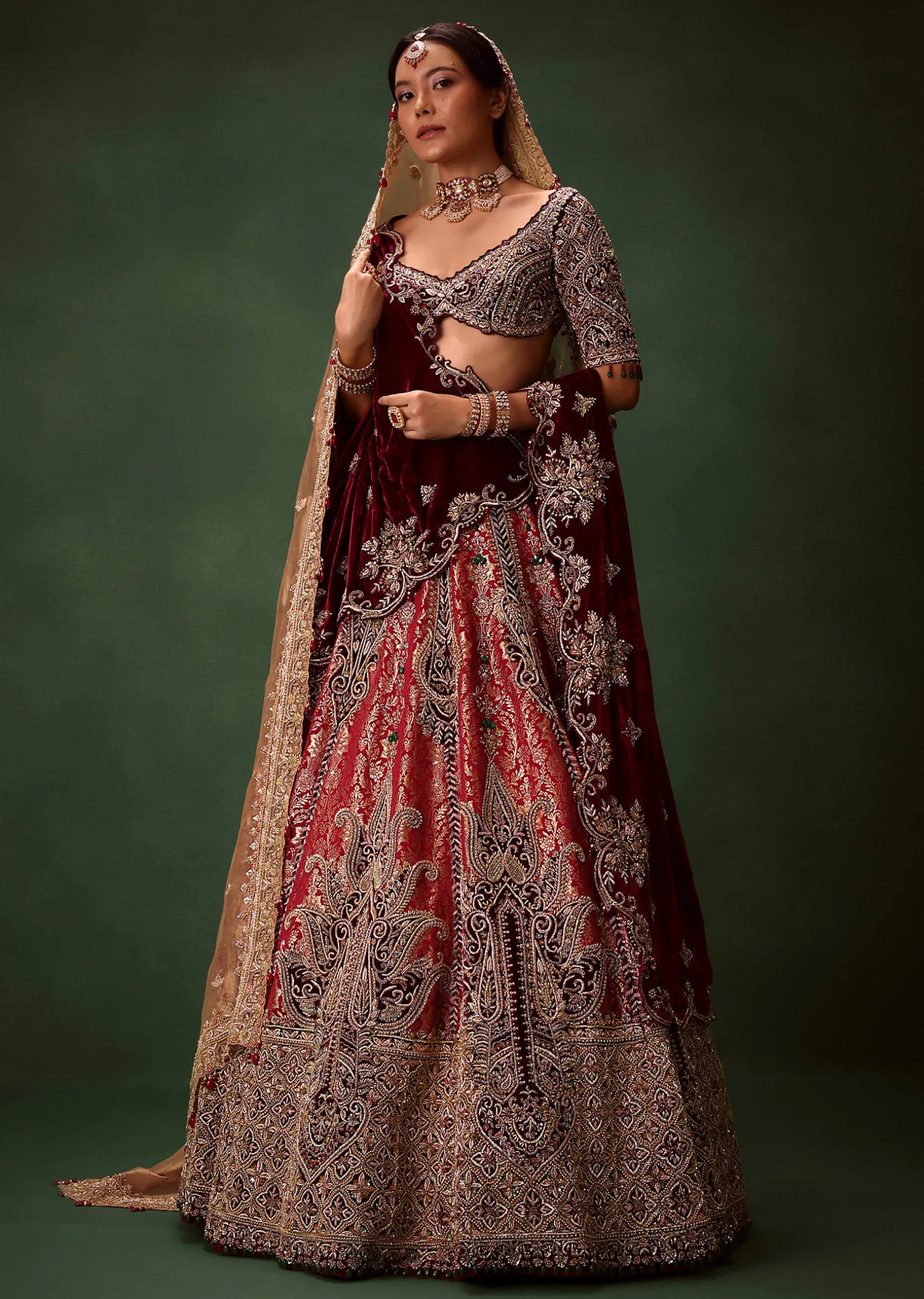 Maroon Brocade Lehenga Dupatta With Cross Body Blouse