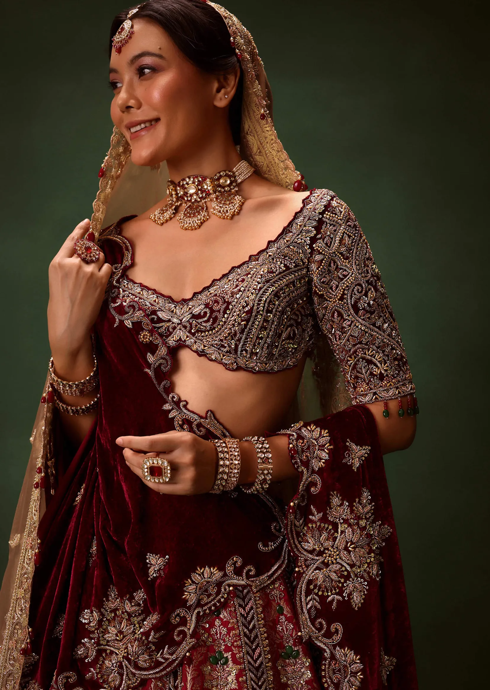 Maroon Brocade Lehenga Dupatta With Cross Body Blouse