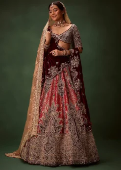 Maroon Brocade Lehenga Dupatta With Cross Body Blouse