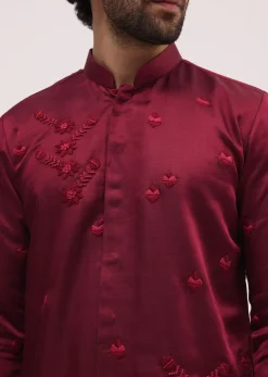 Maroon Bud Embroidered Silk Kurta Set For Men