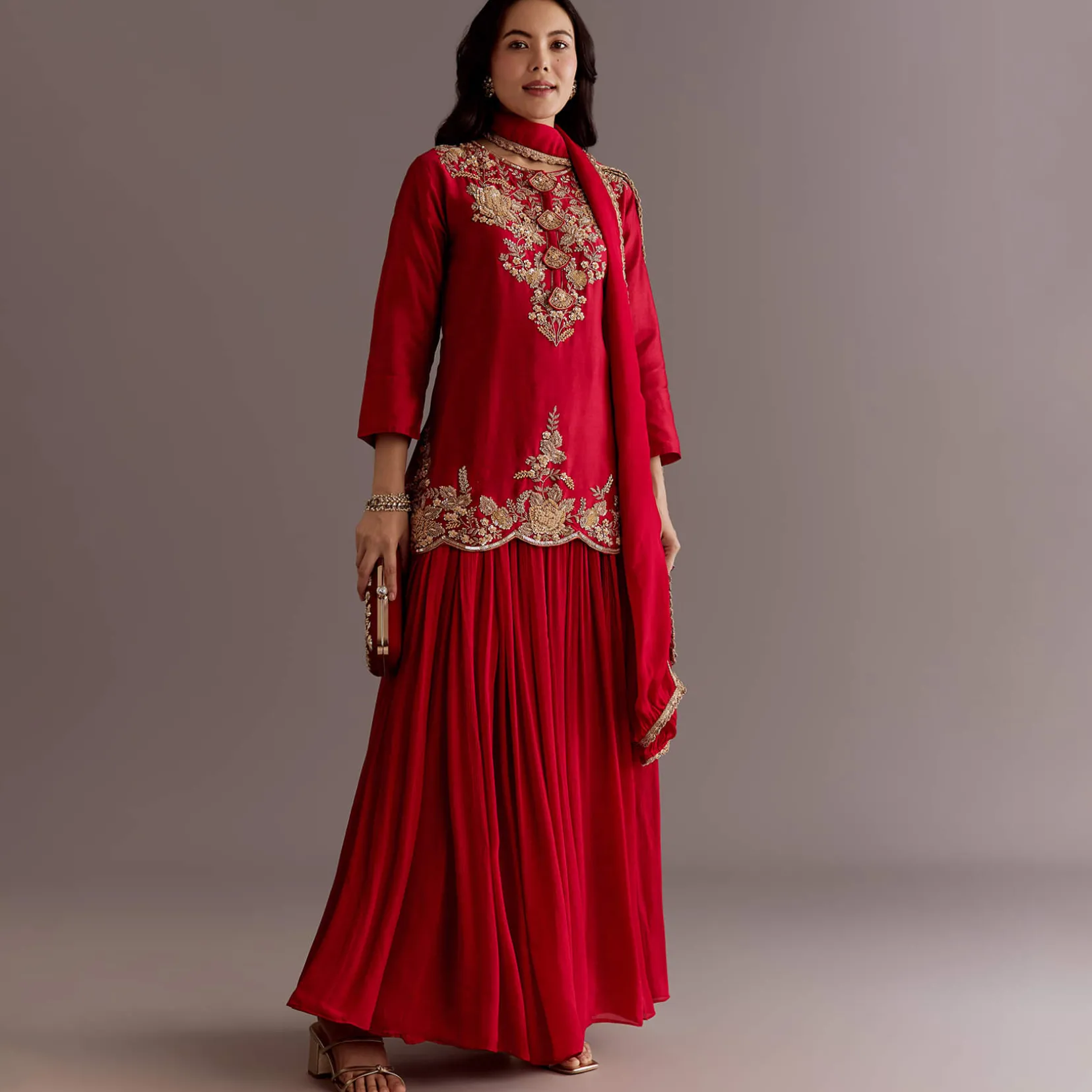 Maroon Chinon Sequin Gota Lace Kurta Skirt Set With Dupatta