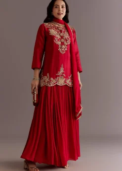 Maroon Chinon Sequin Gota Lace Kurta Skirt Set With Dupatta