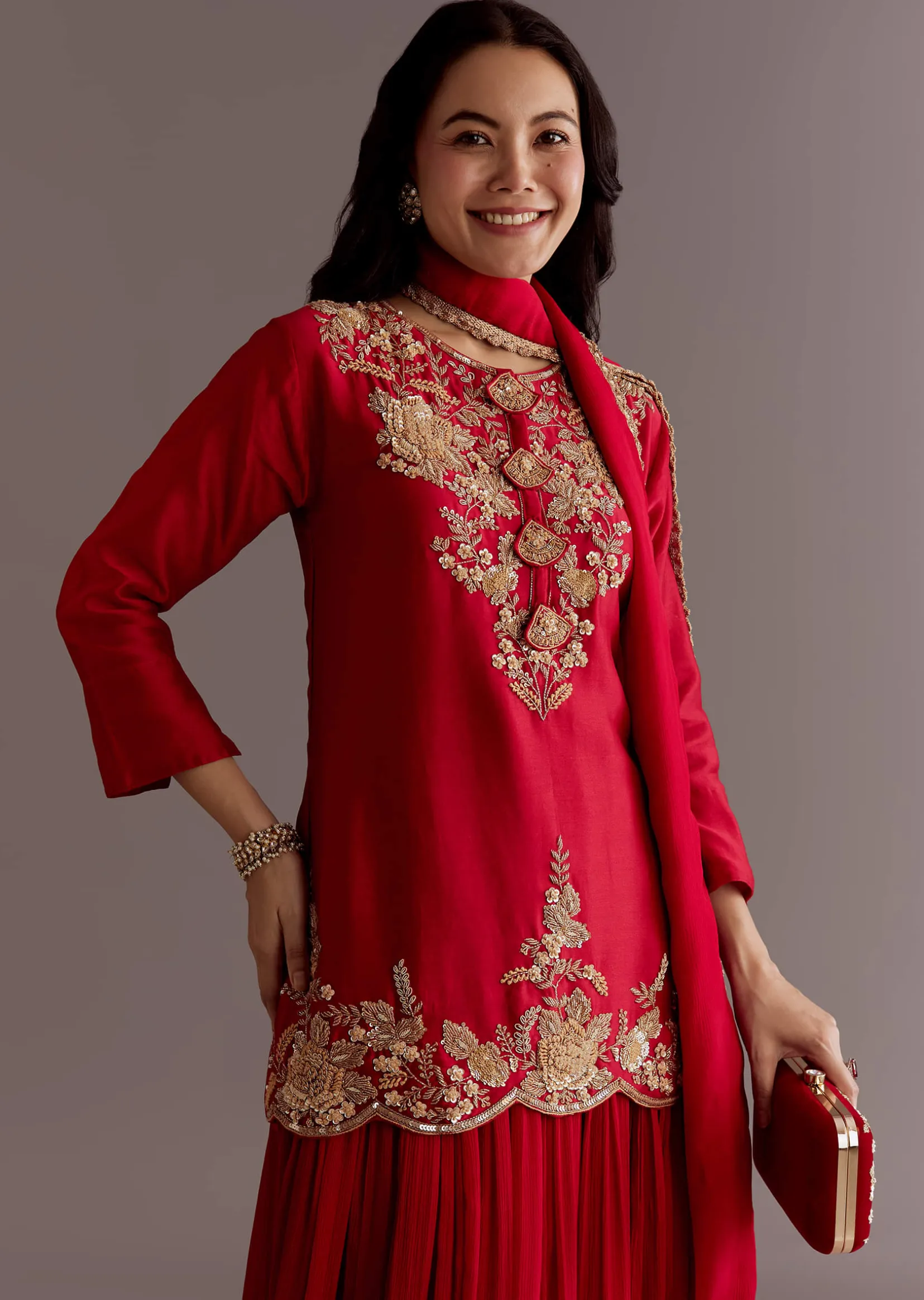 Maroon Chinon Sequin Gota Lace Kurta Skirt Set With Dupatta