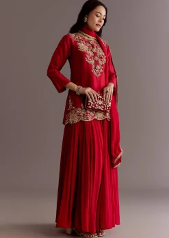 Maroon Chinon Sequin Gota Lace Kurta Skirt Set With Dupatta
