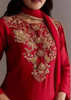Maroon Chinon Sequin Gota Lace Kurta Skirt Set With Dupatta