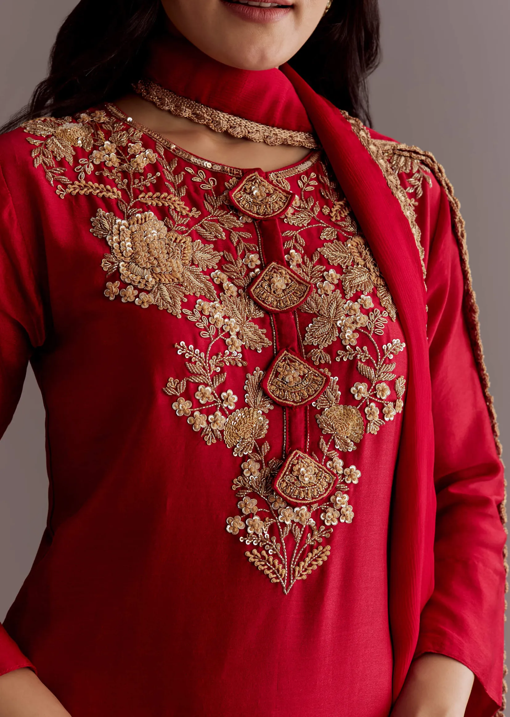 Maroon Chinon Sequin Gota Lace Kurta Skirt Set With Dupatta