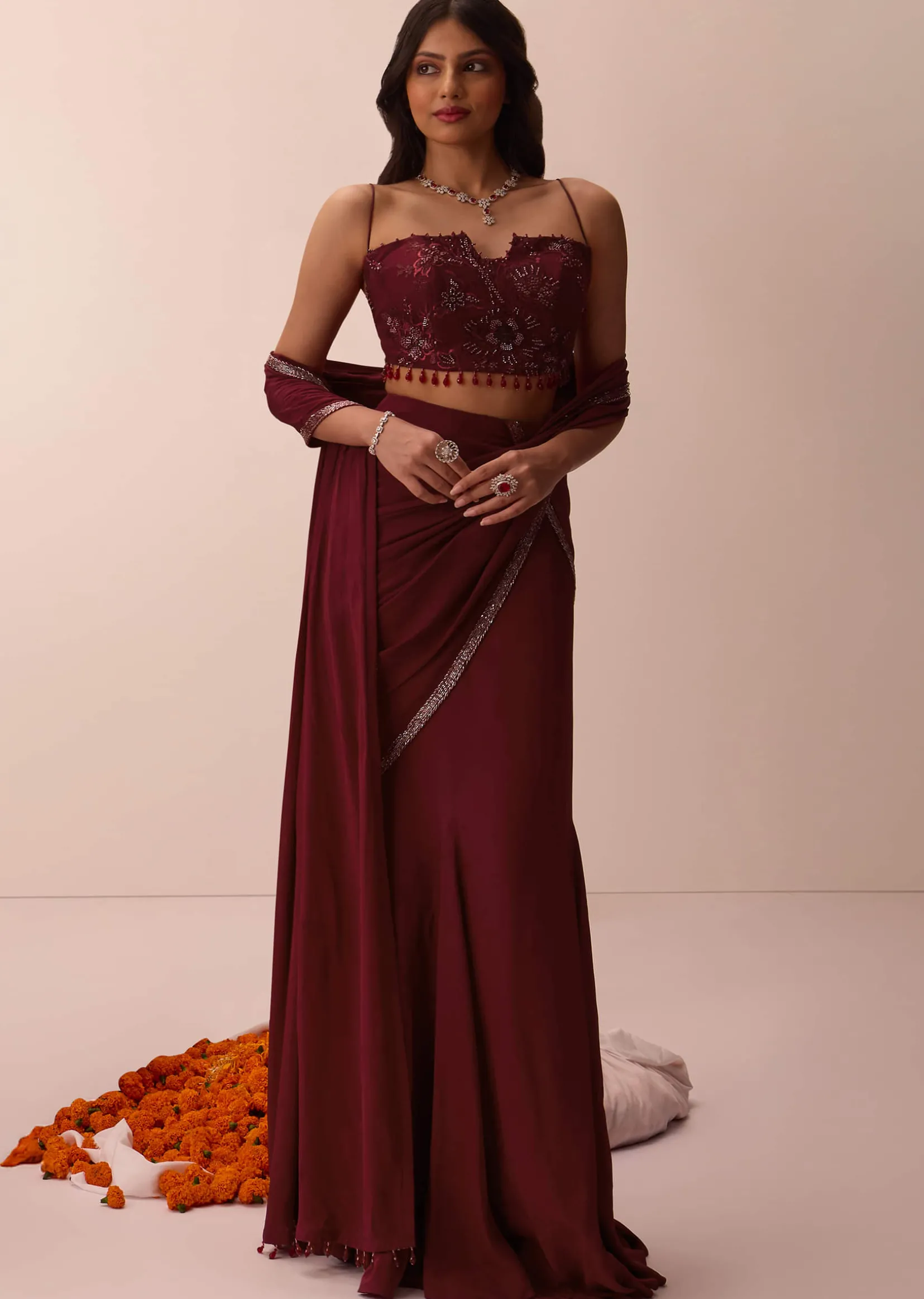 Maroon Corset Embroidered Blouse With Pre Stitched Draped Saree