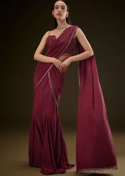 Maroon Corset Embroidered Blouse With Pre Stitched Draped Saree