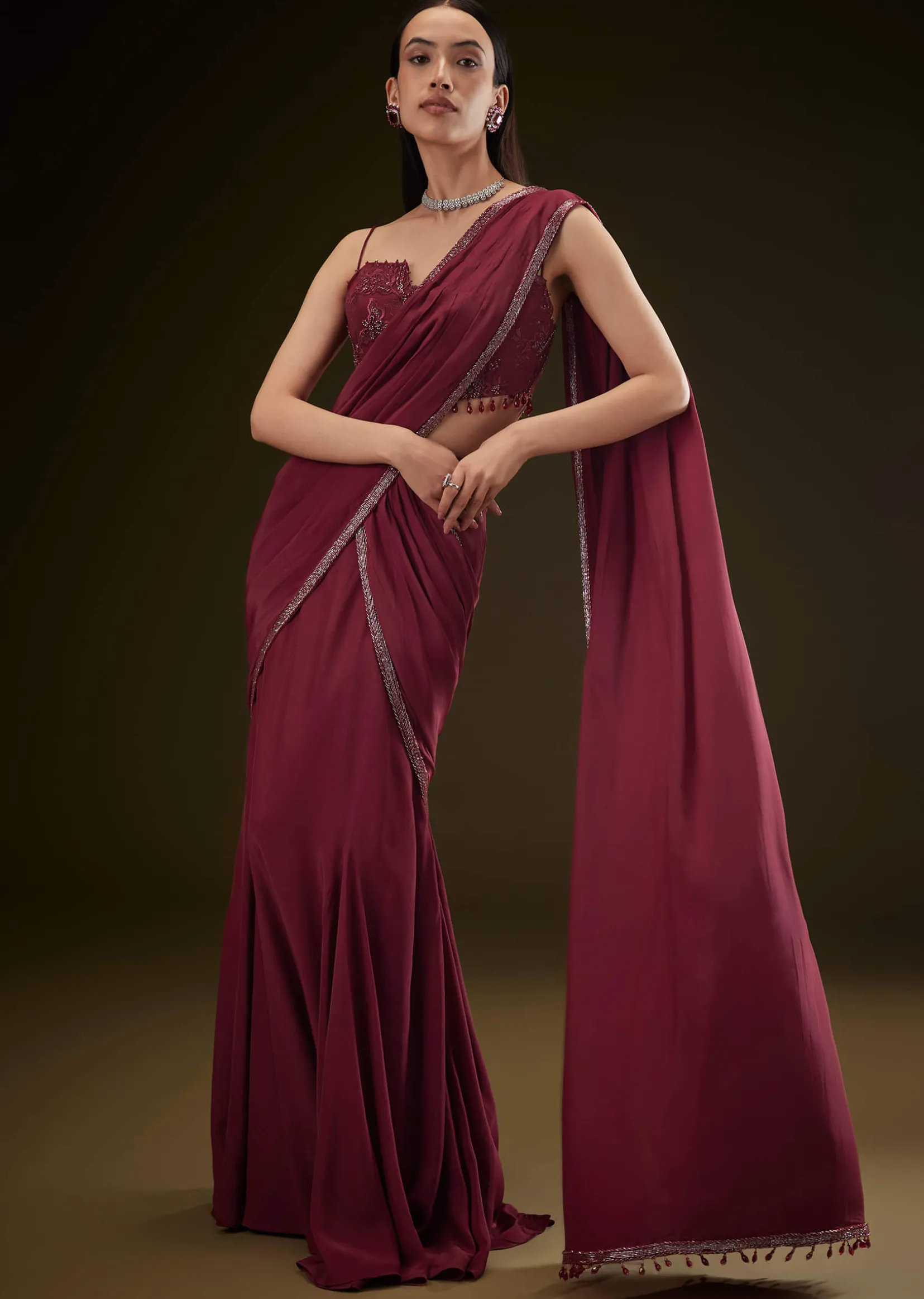Maroon Corset Embroidered Blouse With Pre Stitched Draped Saree
