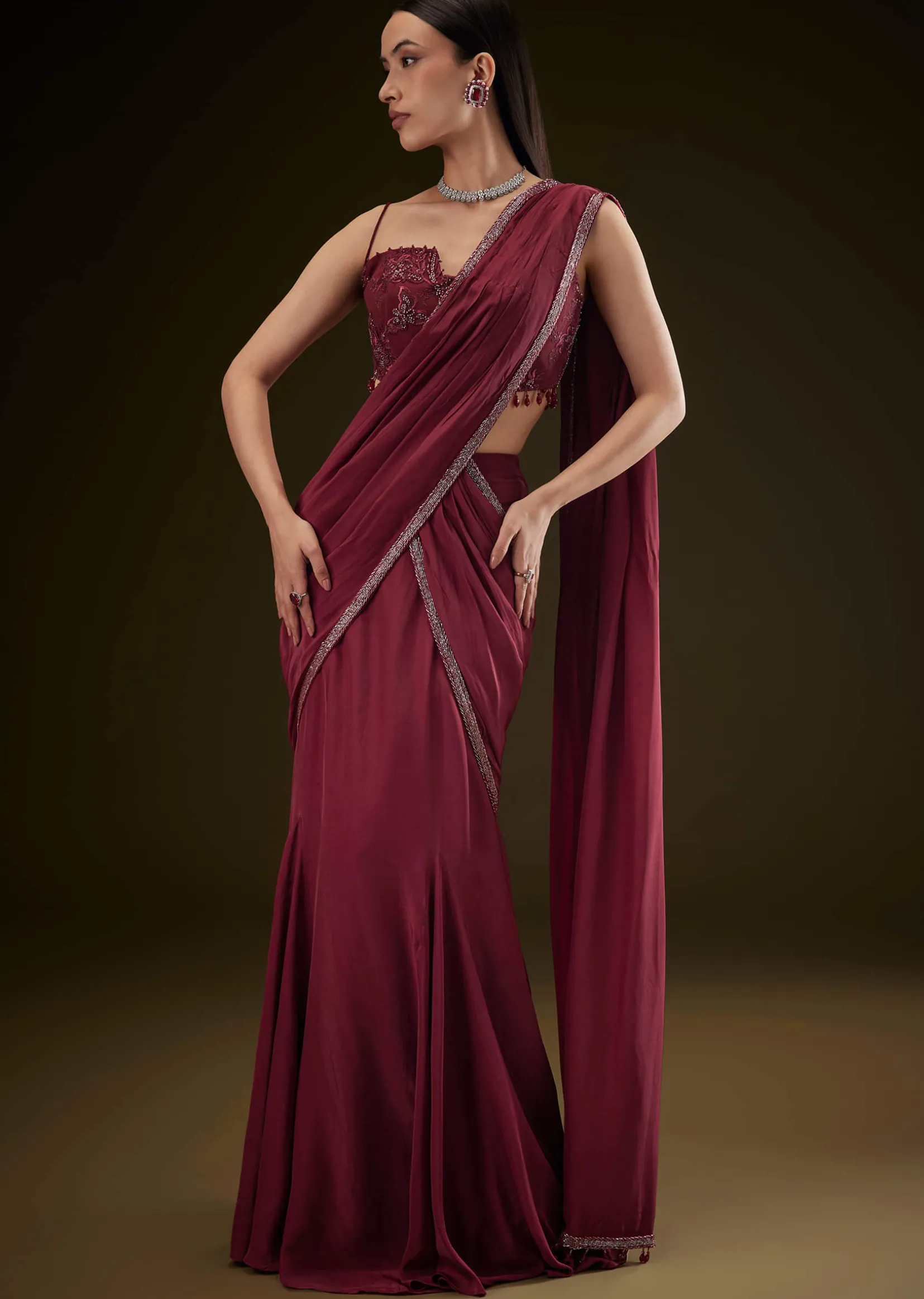 Maroon Corset Embroidered Blouse With Pre Stitched Draped Saree
