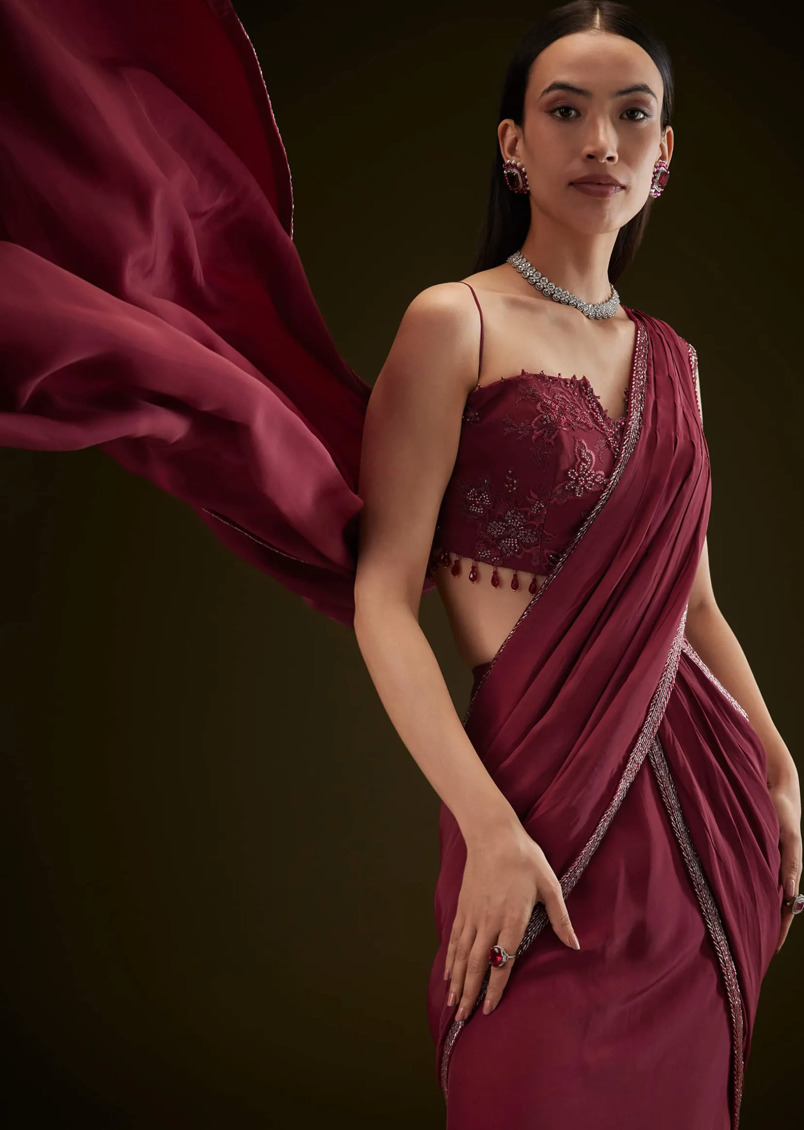 Maroon Corset Embroidered Blouse With Pre Stitched Draped Saree