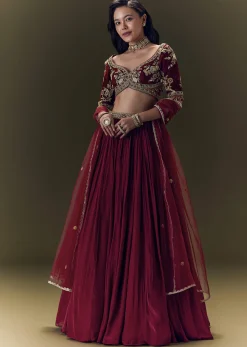 Maroon Crepe Velvet Lehenga Set With Cross Body Blouse
