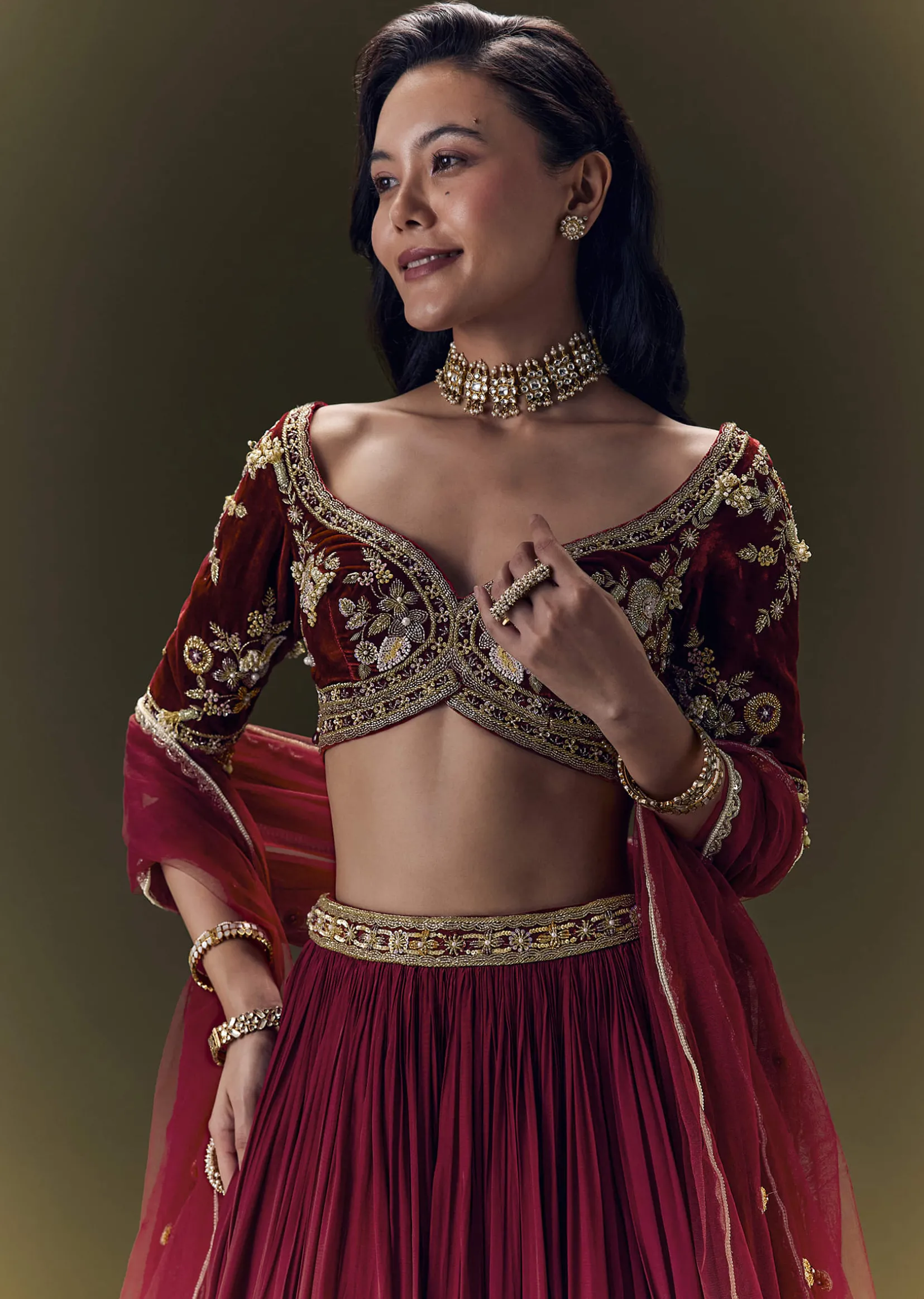 Maroon Crepe Velvet Lehenga Set With Cross Body Blouse