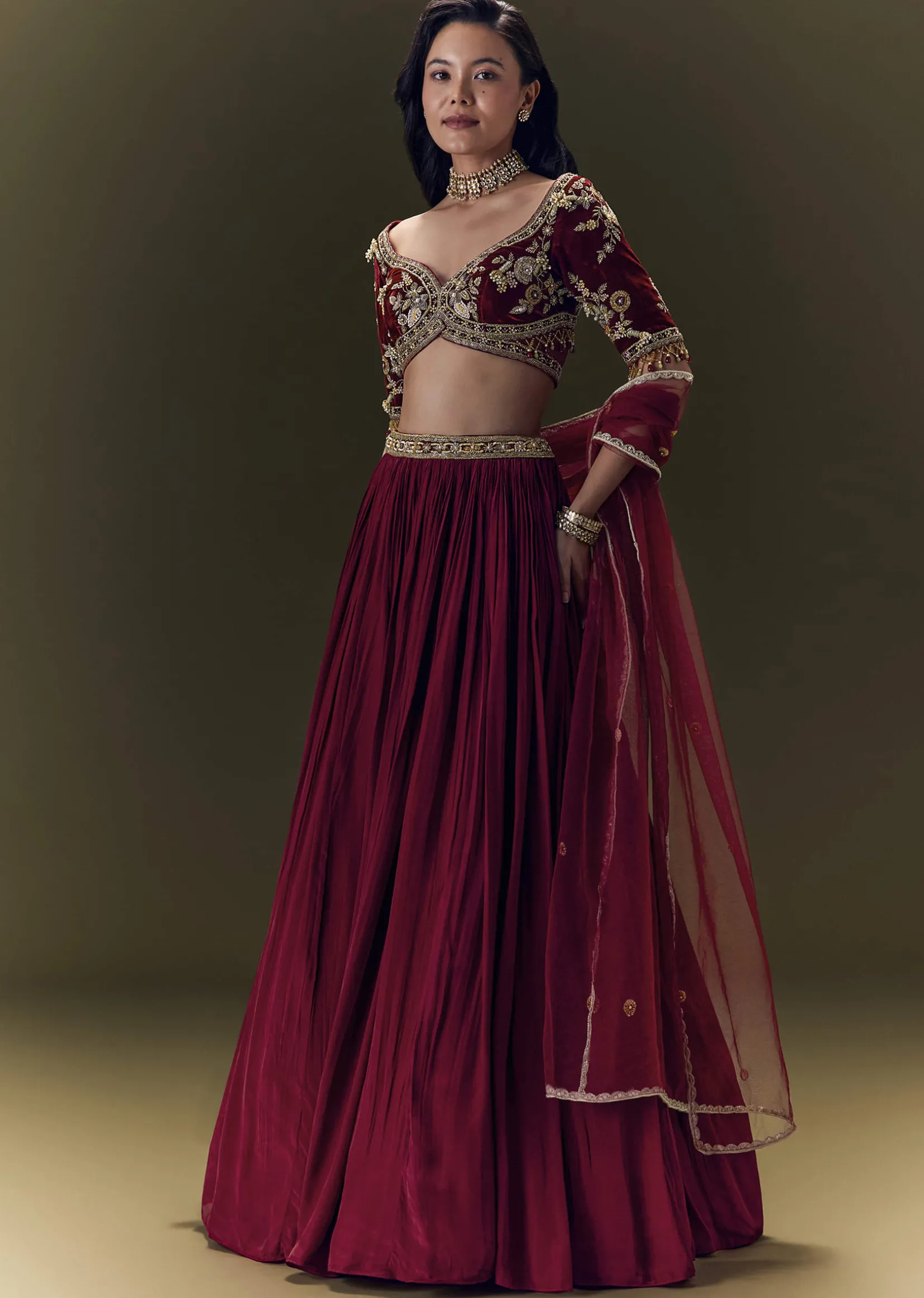 Maroon Crepe Velvet Lehenga Set With Cross Body Blouse