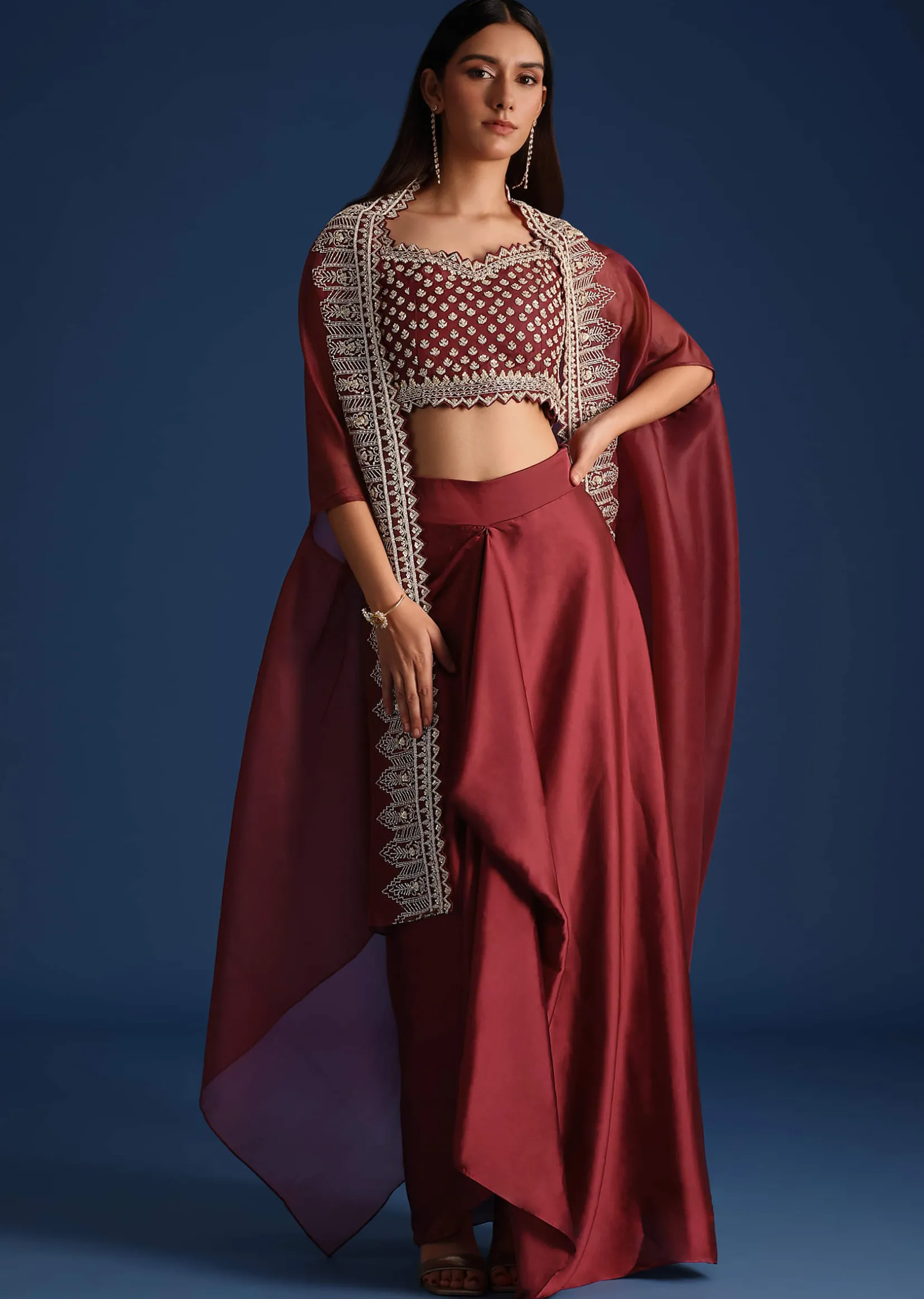 Maroon Cutdana Work Jacket with Draped Skirt and Crop Top