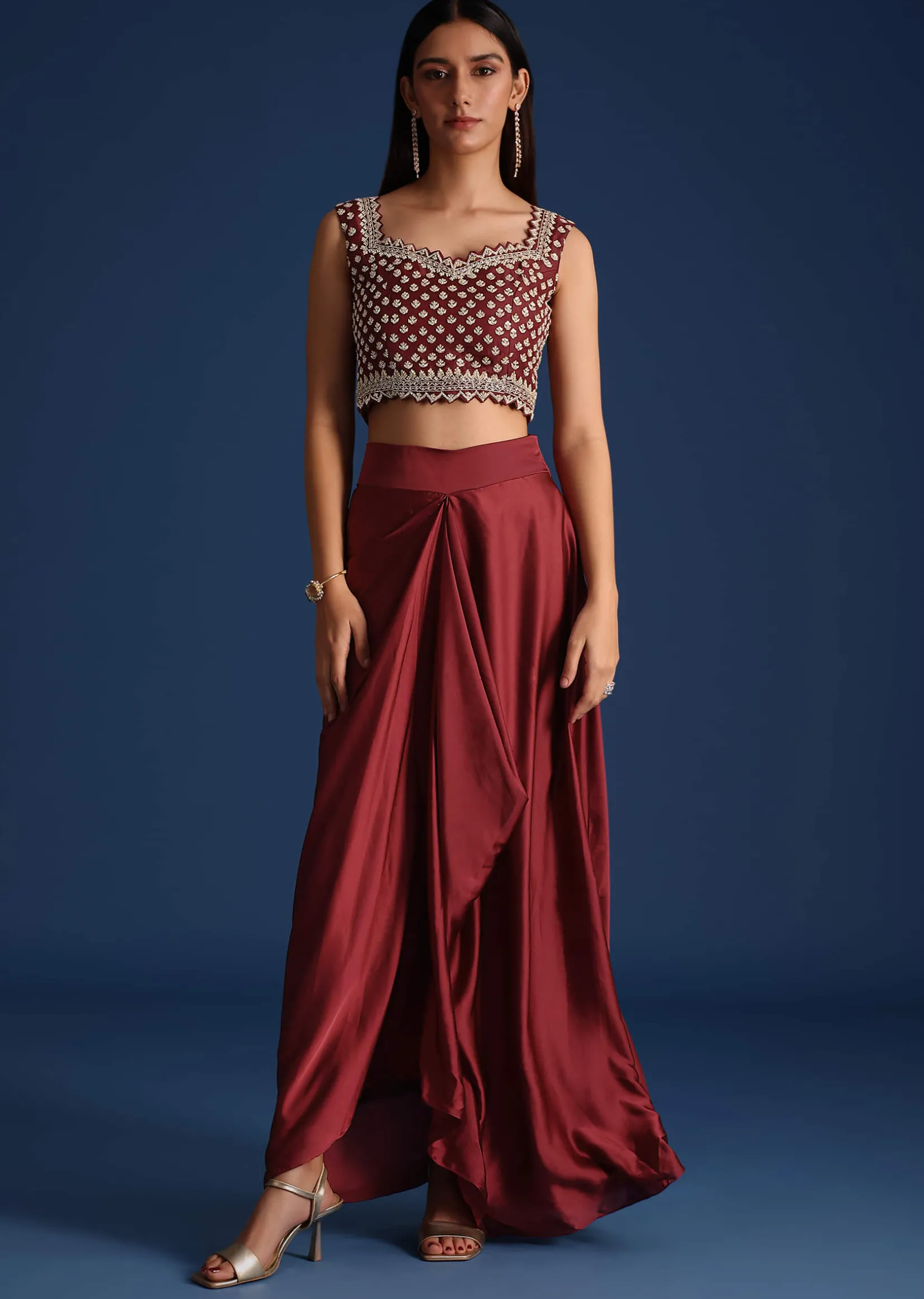 Maroon Cutdana Work Jacket with Draped Skirt and Crop Top