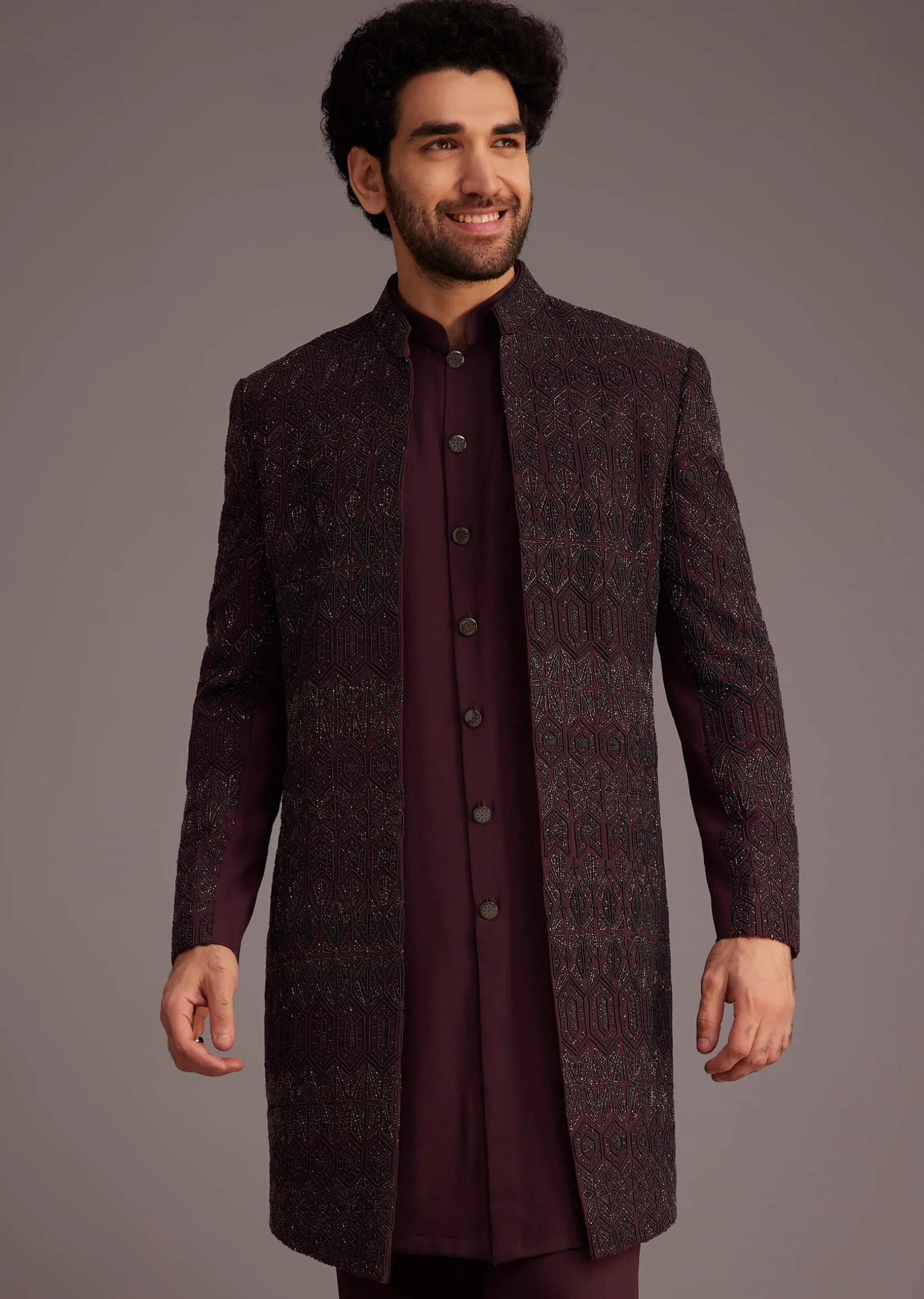 Maroon Embroidered Sherwani With Mandarin Collar