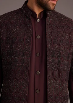 Maroon Embroidered Sherwani With Mandarin Collar