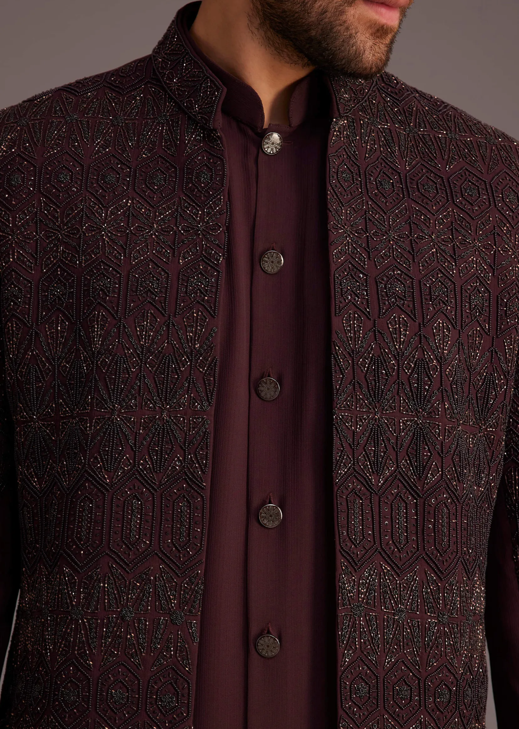 Maroon Embroidered Sherwani With Mandarin Collar