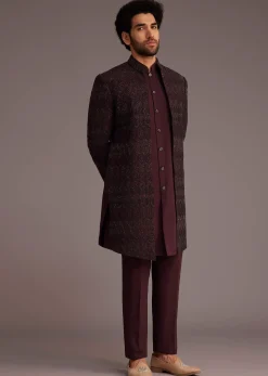 Maroon Embroidered Sherwani With Mandarin Collar