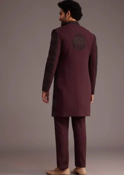 Maroon Embroidered Sherwani With Mandarin Collar