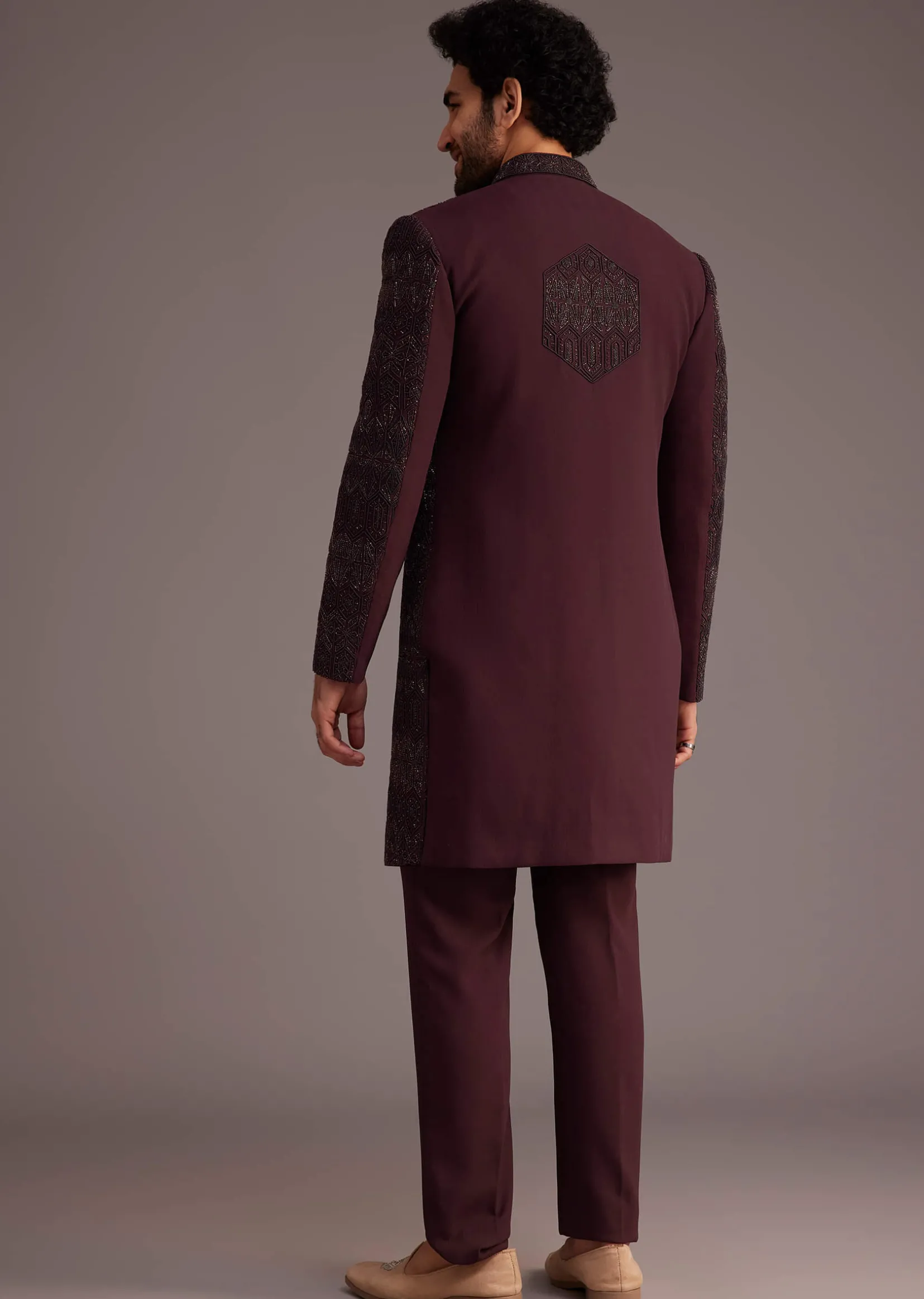 Maroon Embroidered Sherwani With Mandarin Collar