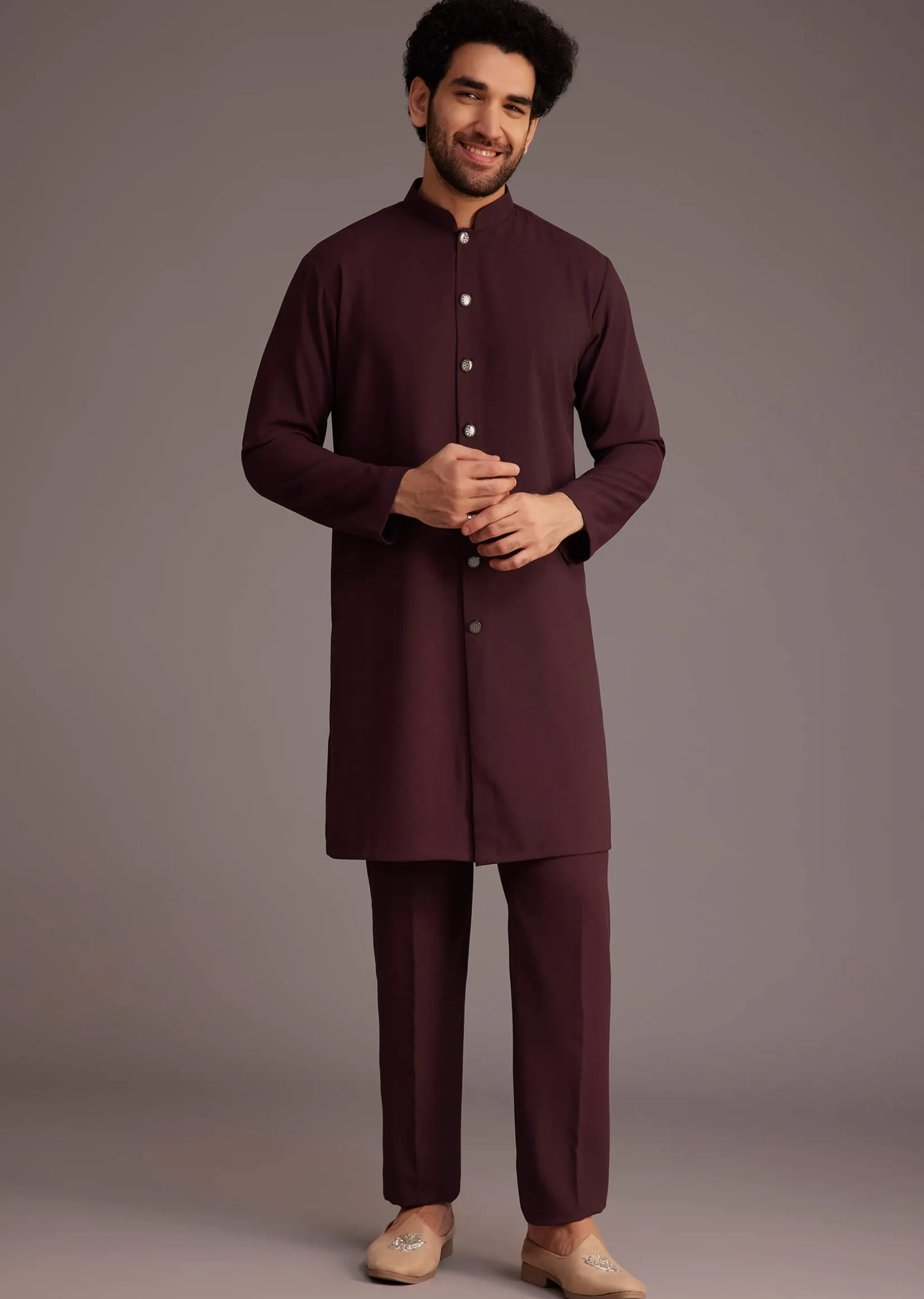 Maroon Embroidered Sherwani With Mandarin Collar