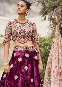 Maroon Embroidered Velvet Lehenga And Blouse With Dupatta
