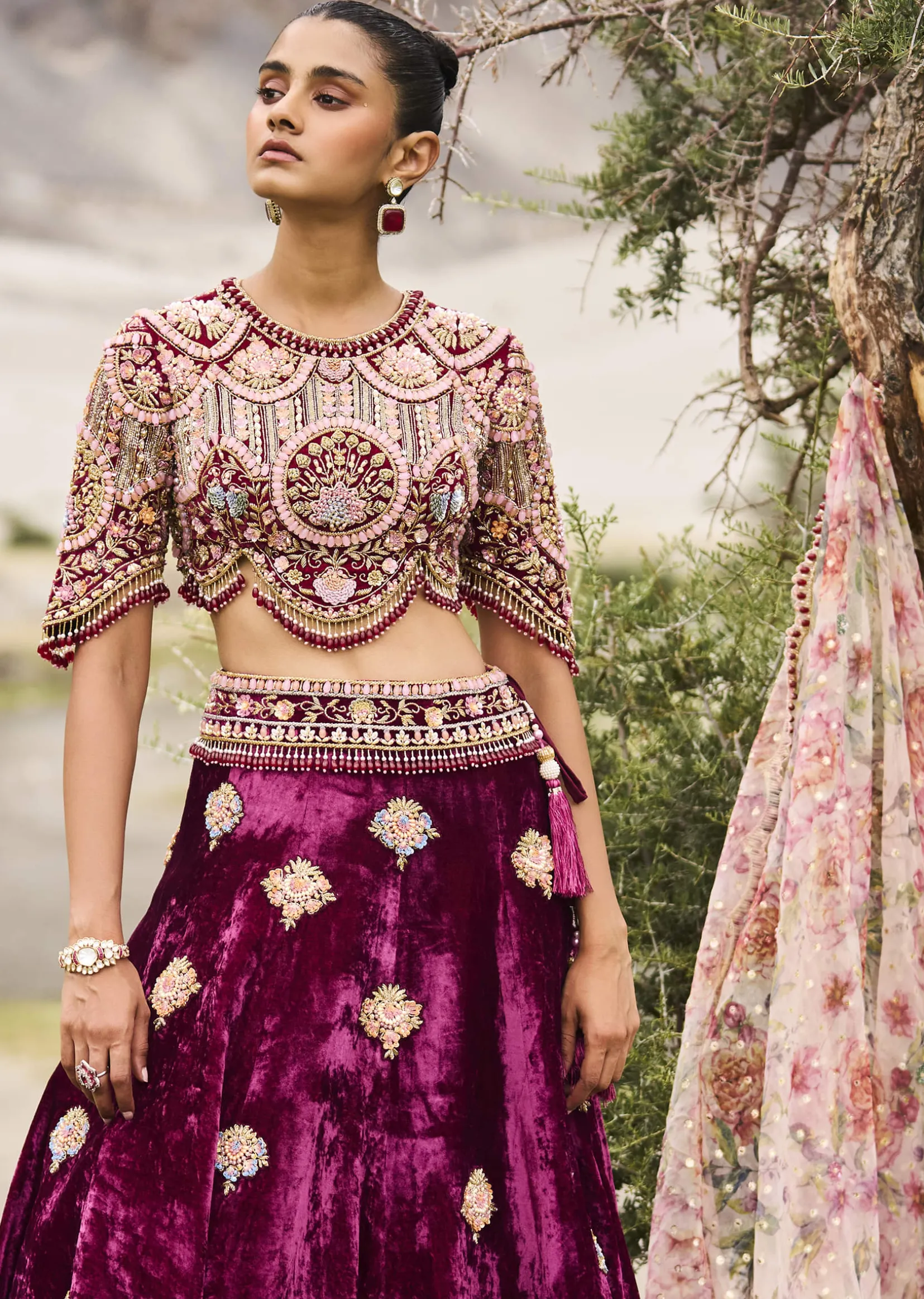 Maroon Embroidered Velvet Lehenga And Blouse With Dupatta
