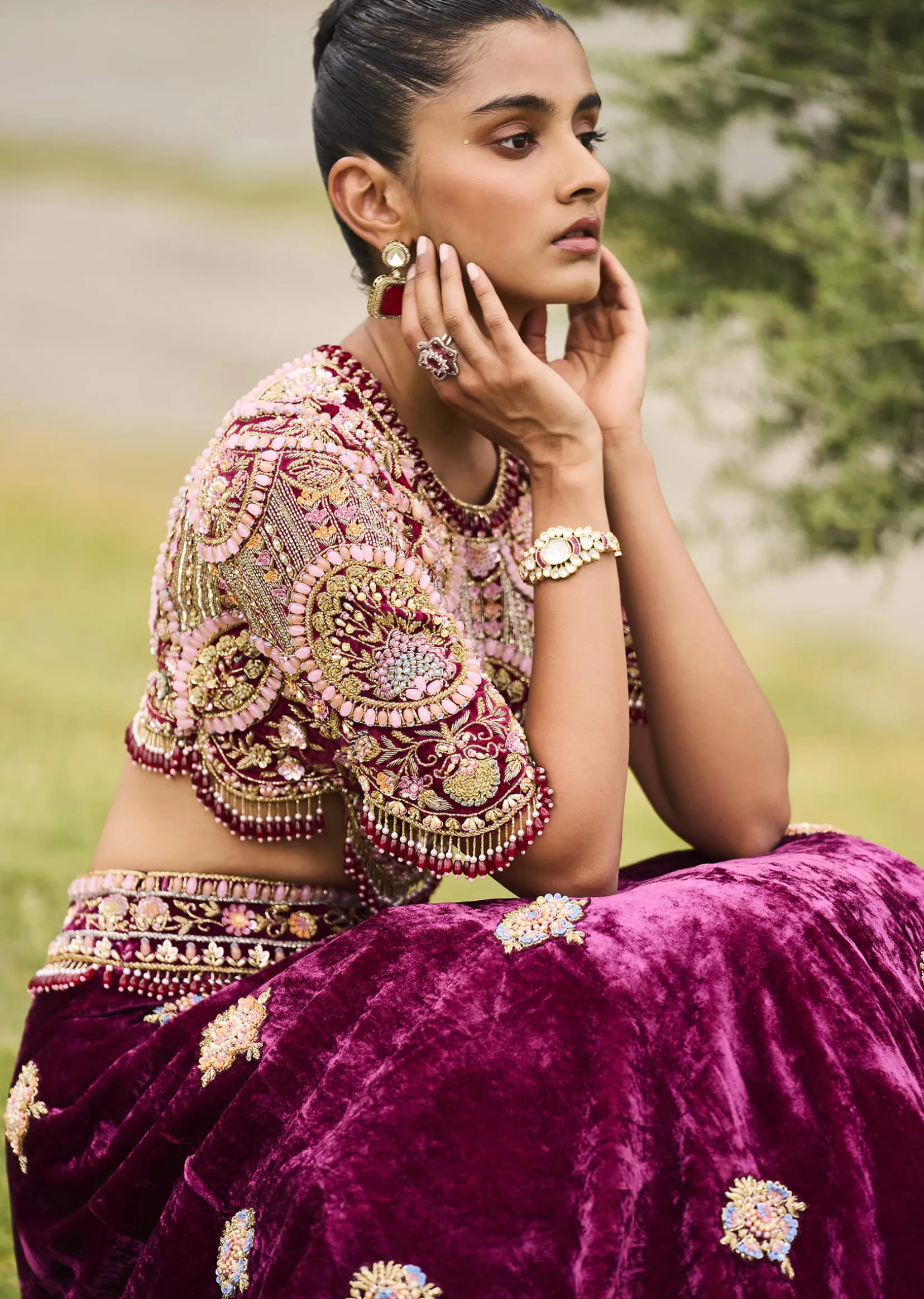 Maroon Embroidered Velvet Lehenga And Blouse With Dupatta